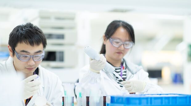 two laboratory technicians working in a lab